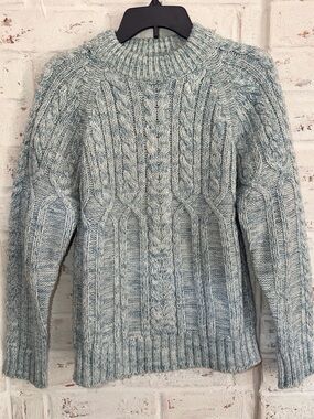 Vintage Puritan Cable Knit Fisherman Sweater Blue Mock Neck Chunky Mens Small